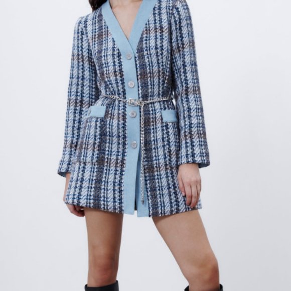 zara textured weave coat silver belt blue long sleeve mini dress size XS 8814 16 - Picture 6 of 7